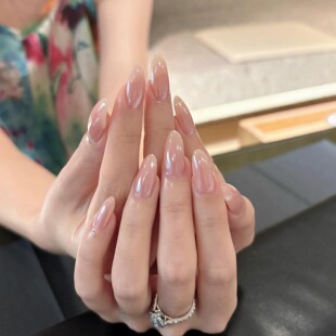 海莉同款 裸色气质珍珠粉光疗美甲 欧美裸粉极光粉手工穿戴甲中长款