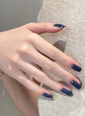 简约纯手工穿戴甲中长款气质显白裸甲ins墨蓝色冰透裸色美甲贴片