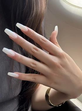 欧美乳白色穿戴甲中长款日系纯色显白甲片高级感冰透手工美甲成品