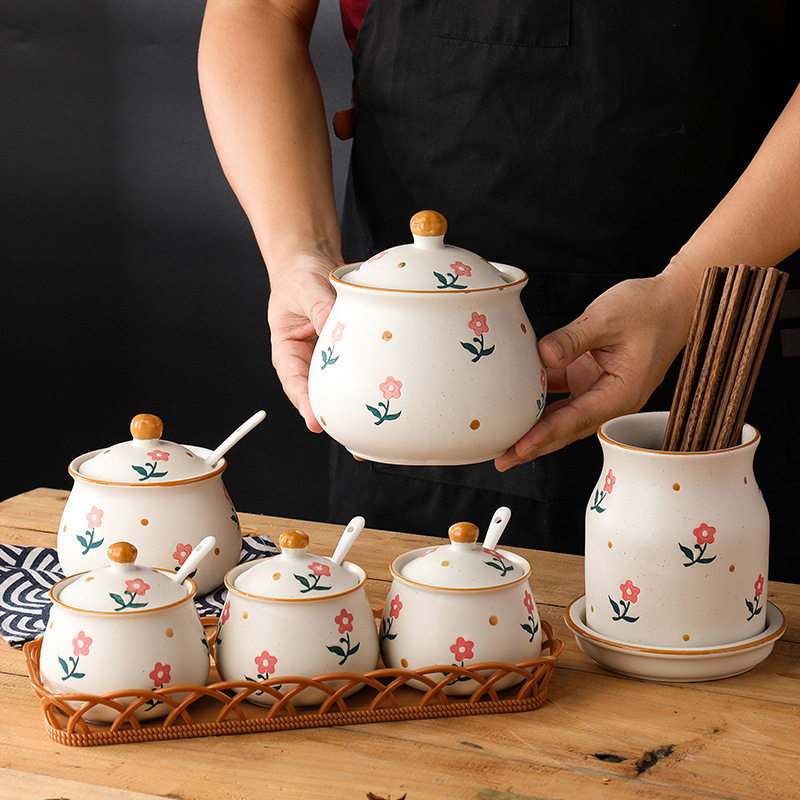 陶瓷调味罐厨房餐具调味猪油罐耐高温大容量有盖勺热卖套装