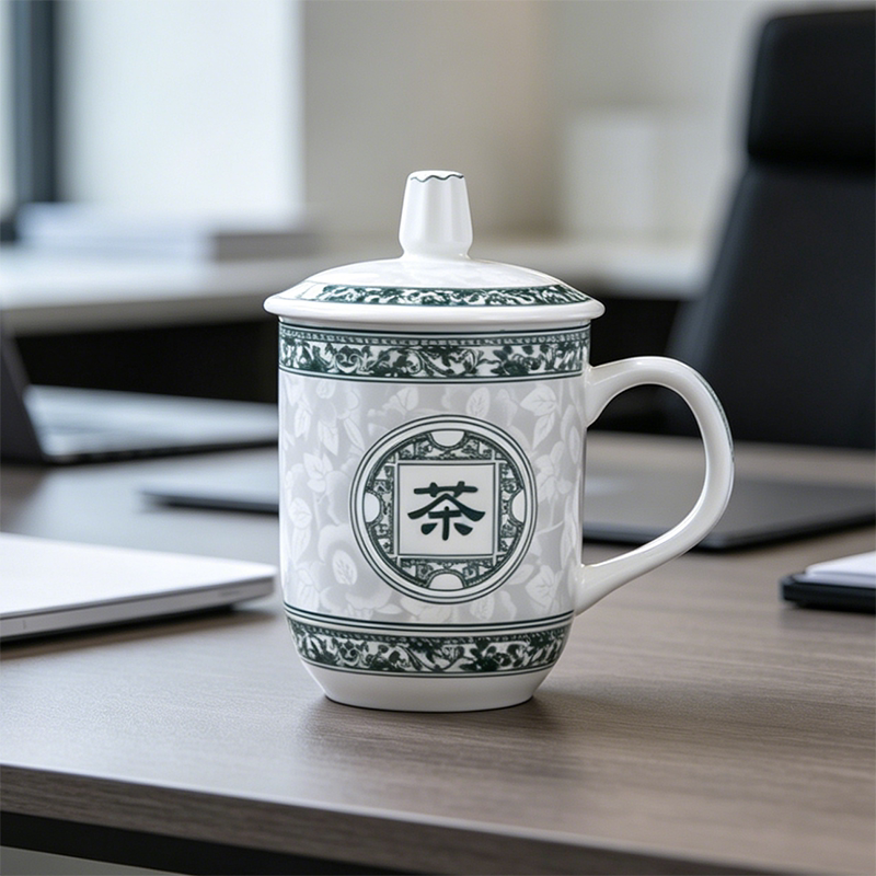 景德镇陶瓷茶杯带盖青花瓷水杯办公会议杯家用棋牌室陶瓷水杯团购图片