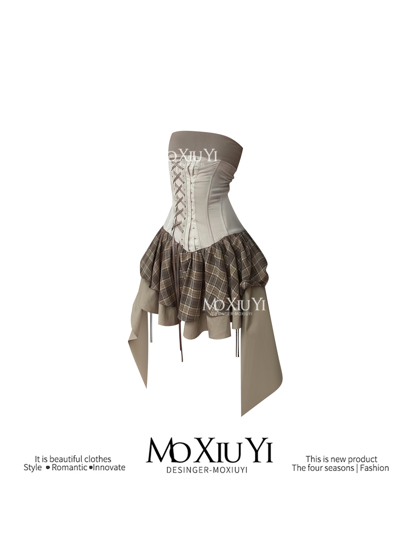 thumbnail for MoXiuYi S [Spot] khaki one-shoulder bandeau skirt summer heavy industry tunic short patchwork dress