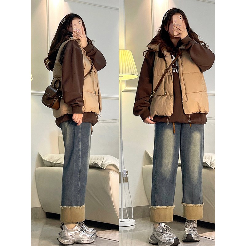 胖mm美式复古直筒牛仔裤女夏季大码女装抽绳裤子女显瘦阔腿九分裤