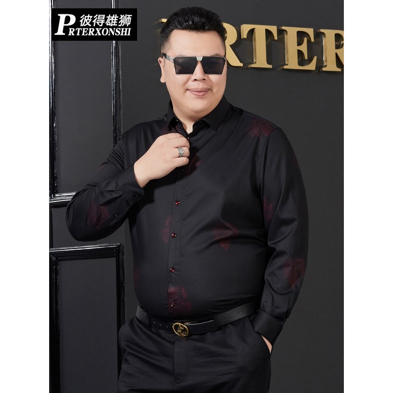 大码长袖衬衫宽松男潮流印花休闲上衣加肥加大码秋季新款商务衬衣