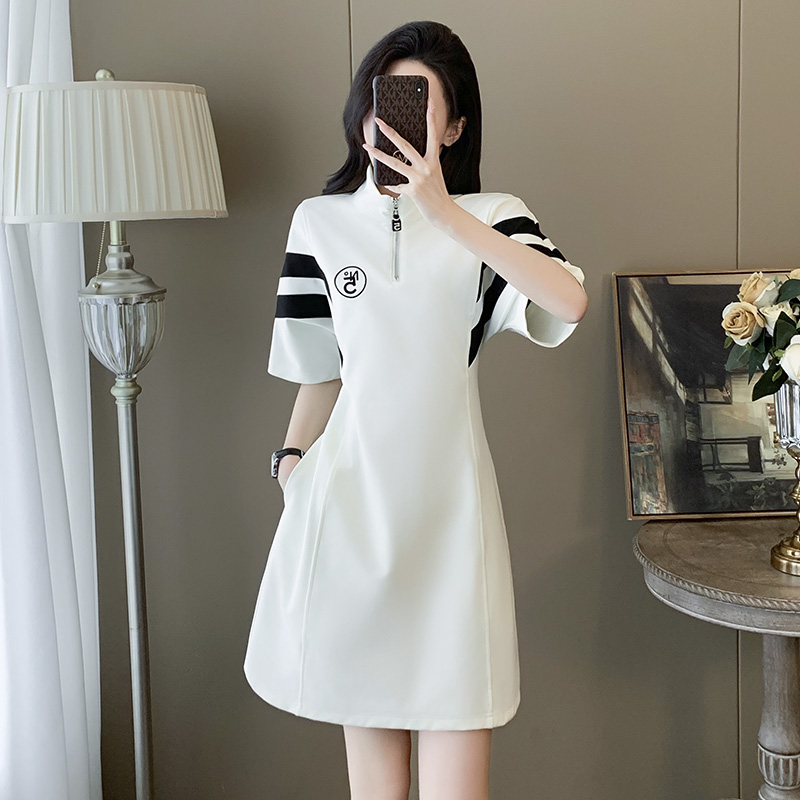 小个子高级感撞色拼接连衣裙女夏季新款气质收腰遮肚子显瘦A字裙