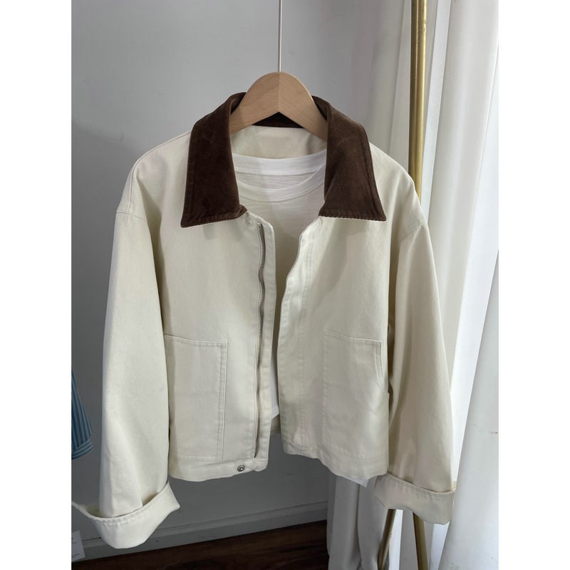 L9853巴恩风领子拼接牛仔短外套 夹克女2025春新款