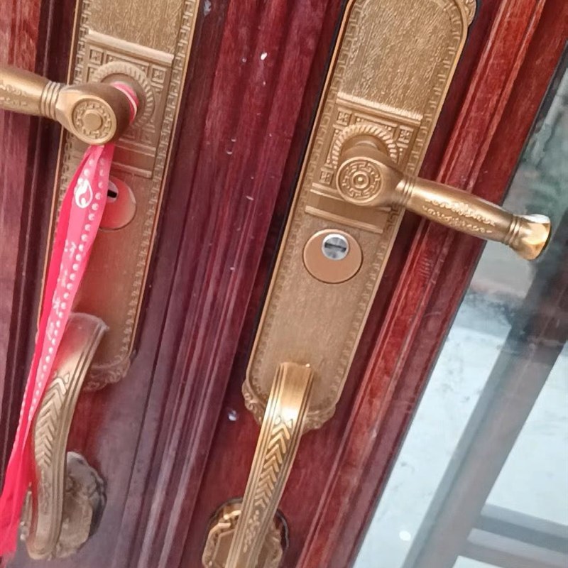 铝合金防盗门锁红古铜色大门锁面板把手双开门把手面板青古铜拉手