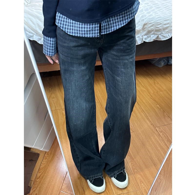 蓝灰色微喇直筒牛仔裤女春季新款胖mm梨形身材复宽松显瘦阔腿裤子