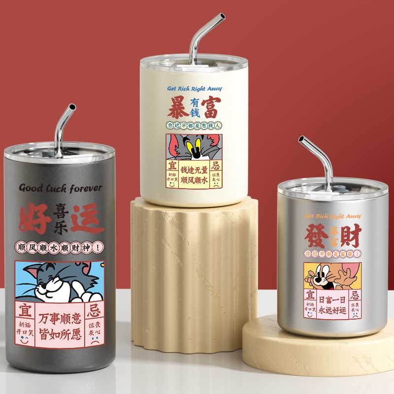 暴富发财保温杯卡通一对水杯子情侣男女学生随手咖啡杯304不锈钢