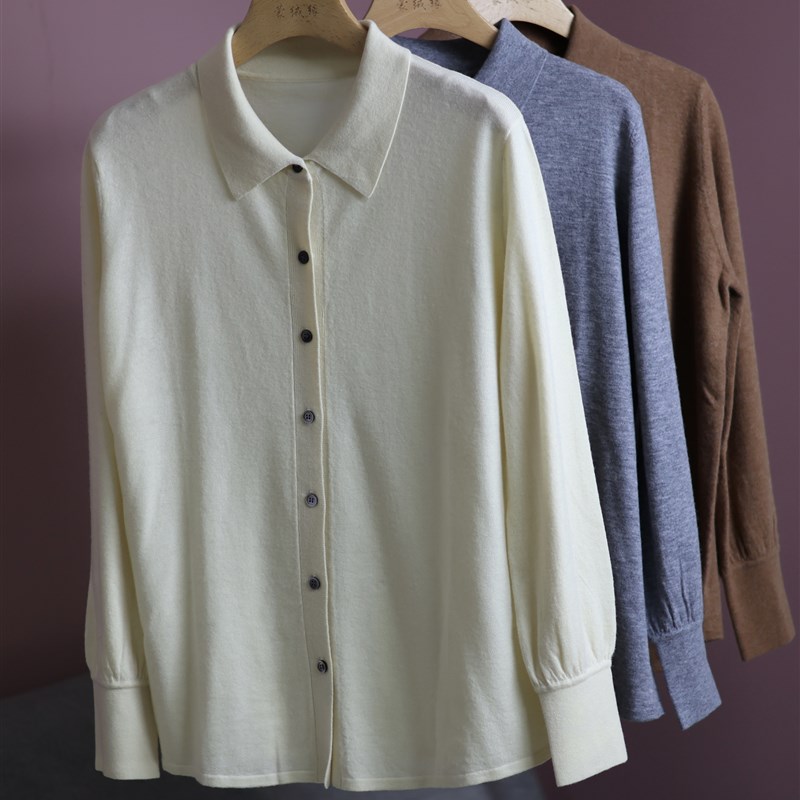 【LU】100%精纺羊毛衫女翻领针织开衫毛衣外套宽松大码羊毛打底衫