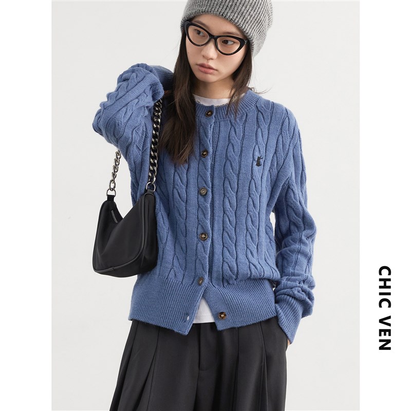 CV大码女装 冬季新款韩版刺绣麻花羊毛针织开衫圆领套头毛衣胖MM