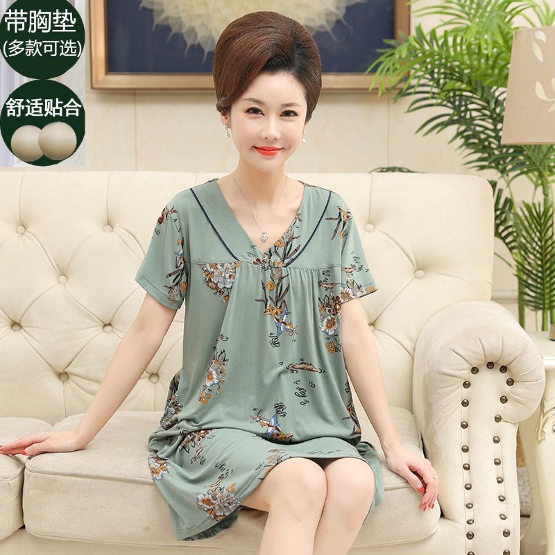 带胸垫睡衣女士睡裙夏天薄款纯棉短袖中长裙妈妈中年宽松过膝裙子