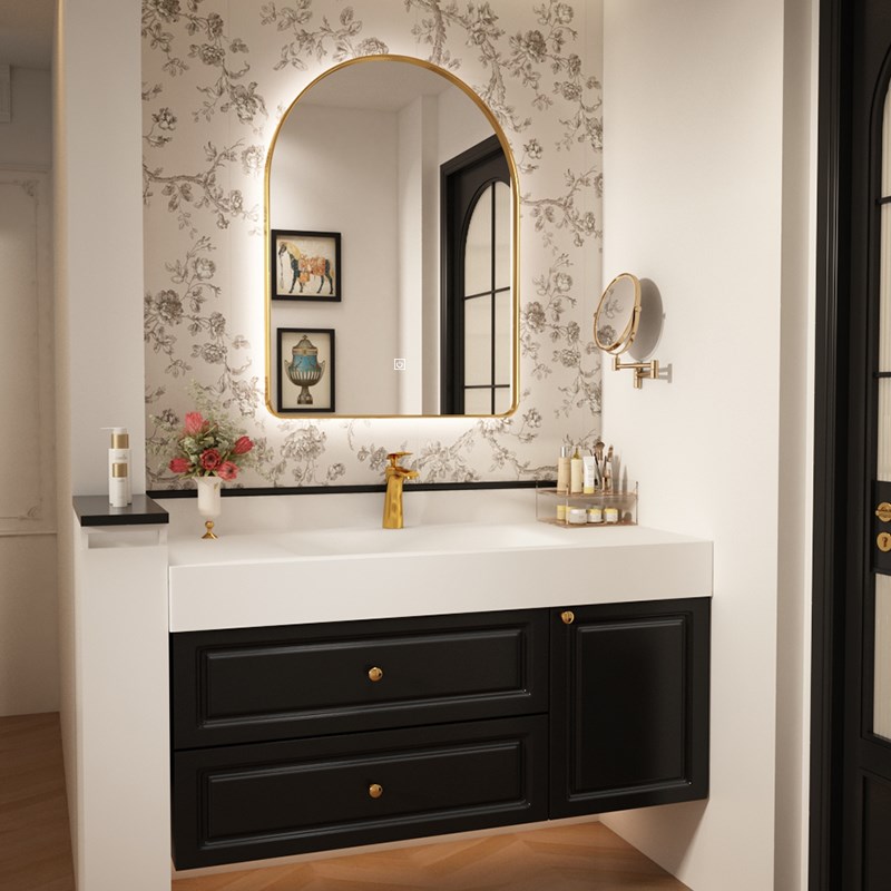 法式岩板热弯一体盆浴室柜组合中古风卫生间洗漱台洗脸洗手池黑色