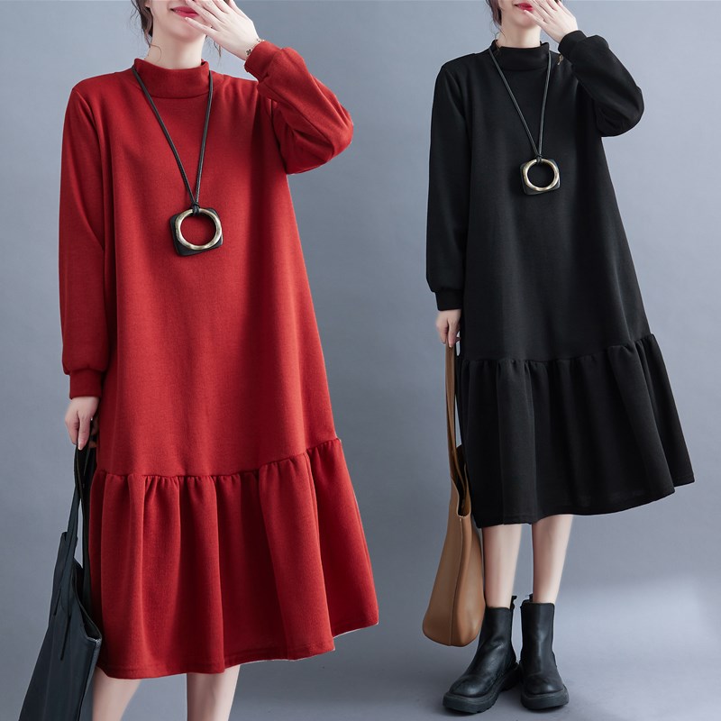 大尺码女装2023秋冬新款高领加厚内搭洋装纯色气质荷叶边内搭裙子
