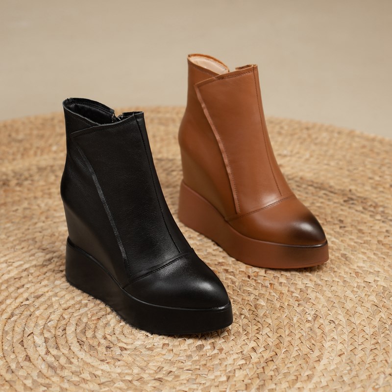 12cm公分内增高马丁女靴秋冬英伦风全牛皮厚底显瘦坡跟侧拉链短靴