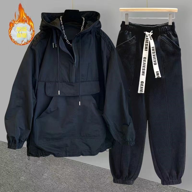 加绒加厚外套套装男冬季潮流帅x气宽松工装拼接夹克冲锋衣2024新
