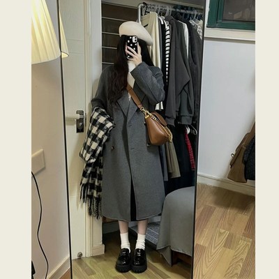 秋冬装韩系高级感小个子灰色毛呢外套慵懒风宽松呢子大衣女中长款