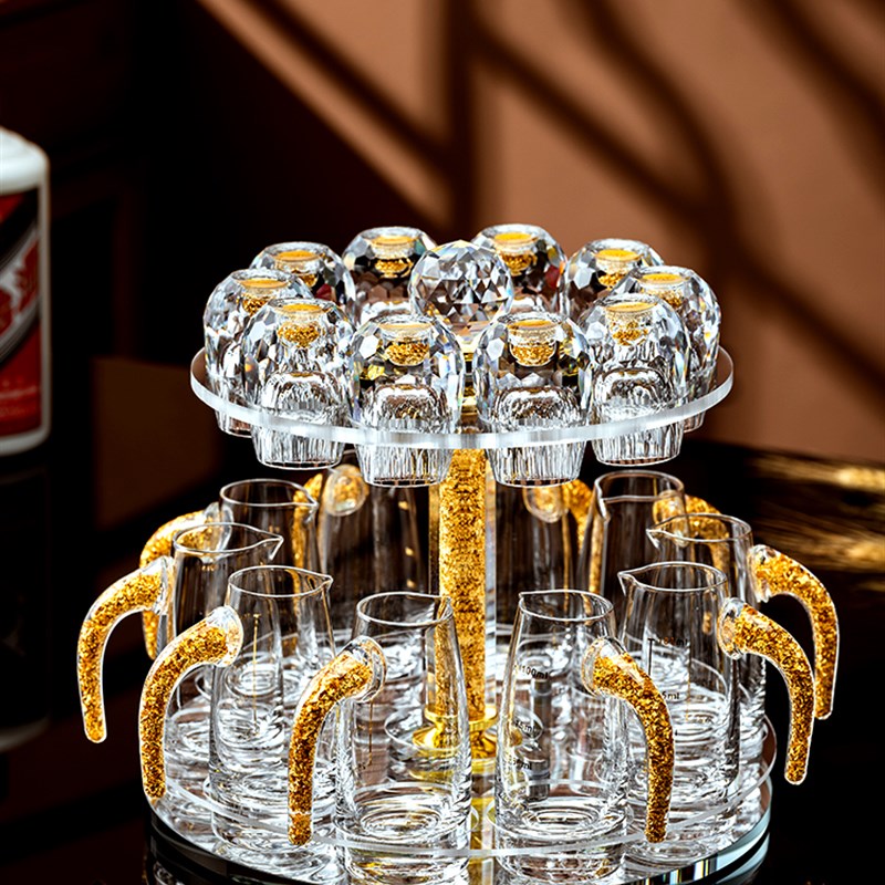 金箔水晶切面白酒杯套装家用玻璃小号一口杯刻度带把分酒器杯架装