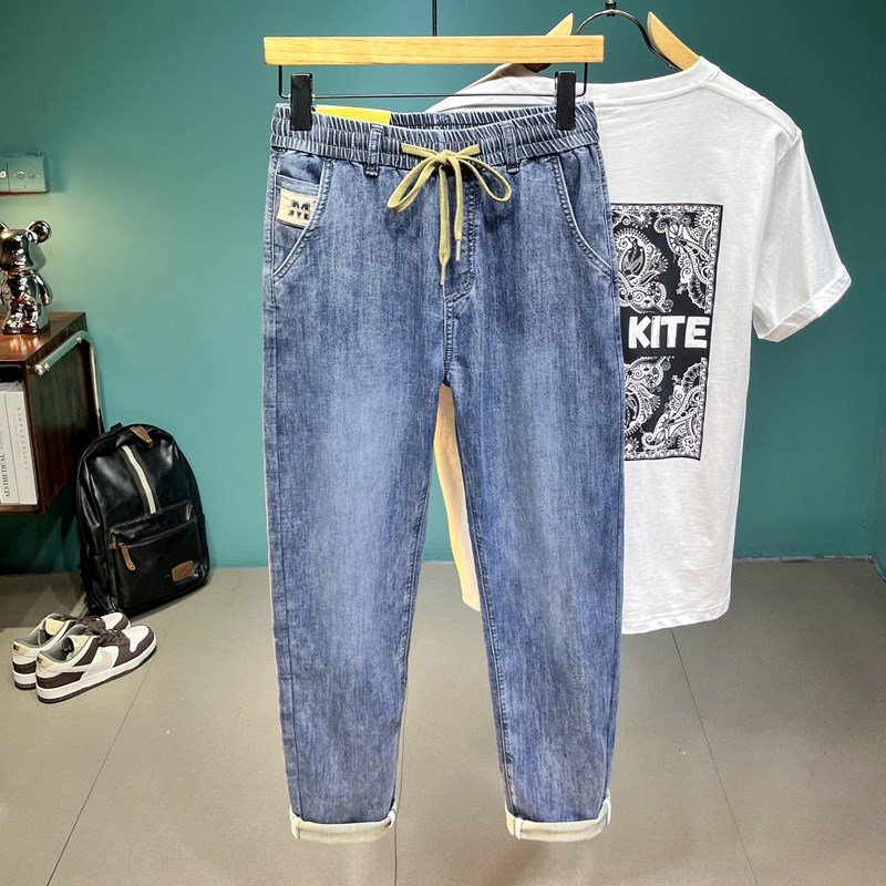 春夏松紧c腰带牛仔裤男宽松弹力小脚柔软抽绳百搭夏季休闲哈伦裤