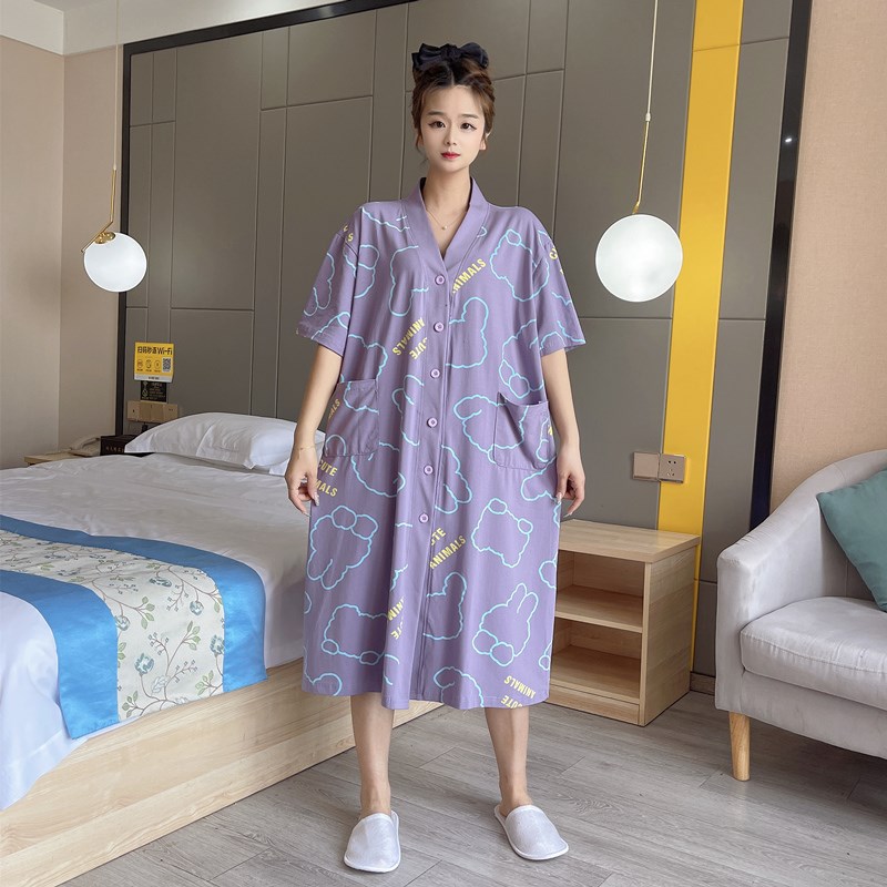 日式V领开衫大码睡裙女纯棉加肥200斤睡衣夏季薄款宽松连体家居服