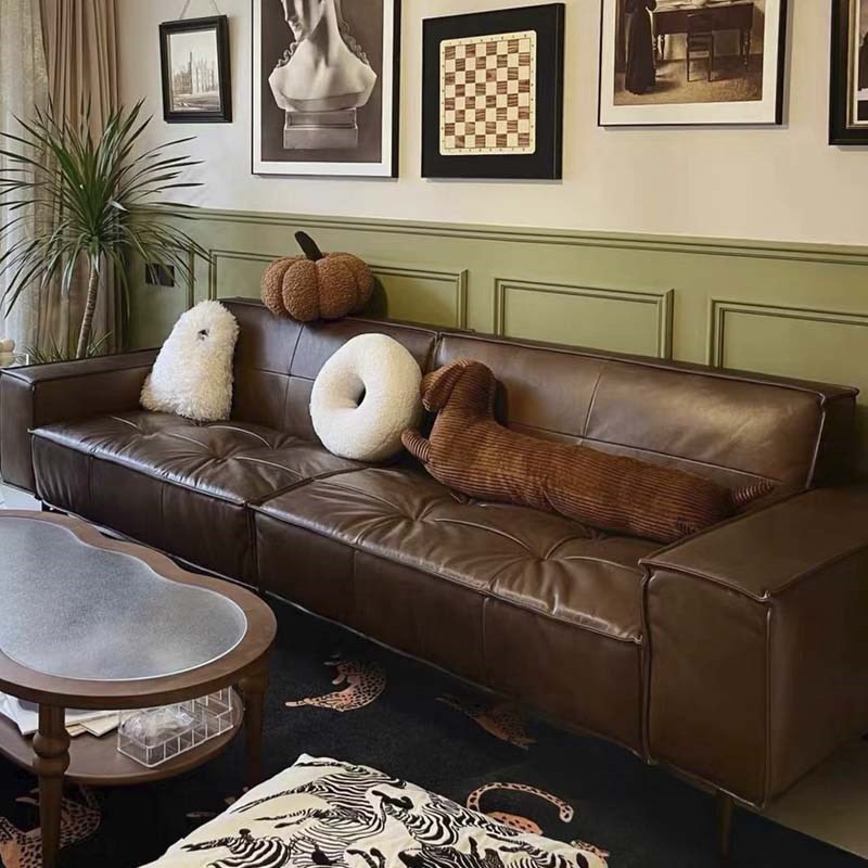 美式油蜡真皮沙发黑色复古客厅小户型中古直排工业豆X腐块美拉德