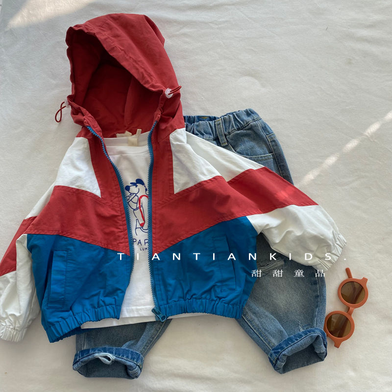 男童韩版拼色拼接连帽外套帅气儿童春秋季新款女宝百搭拉链衫夹克