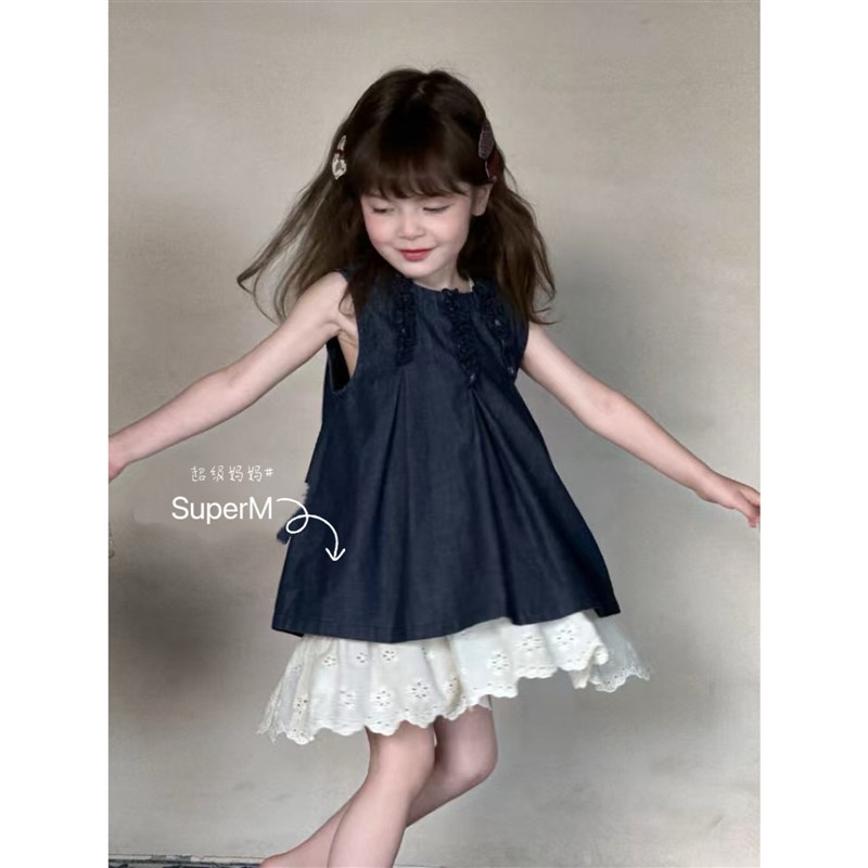 女童春季新款韩版牛仔背心裙上衣内搭镂空连衣裙气质中长款中小童