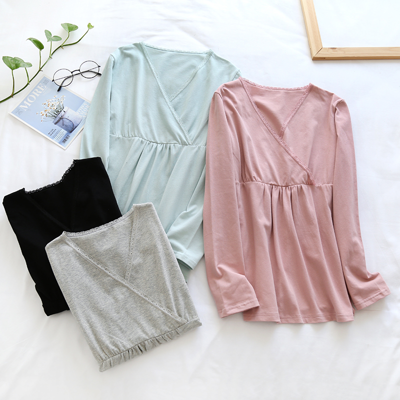 孕妇哺乳秋衣上衣单件q纯棉产后喂奶衣春秋季睡衣月子服冬季打底