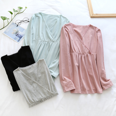 孕妇哺乳秋衣上衣单件q纯棉产后喂奶衣春秋季睡衣月子服冬季打底