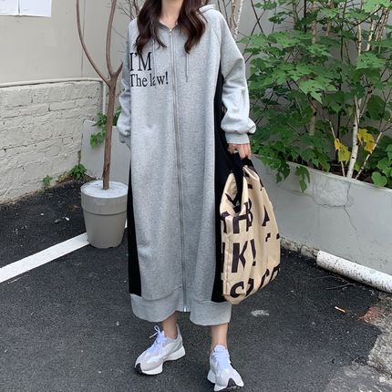 大版连帽卫衣外套女秋冬季宽松加绒加厚加长款过膝开X衫连衣裙长