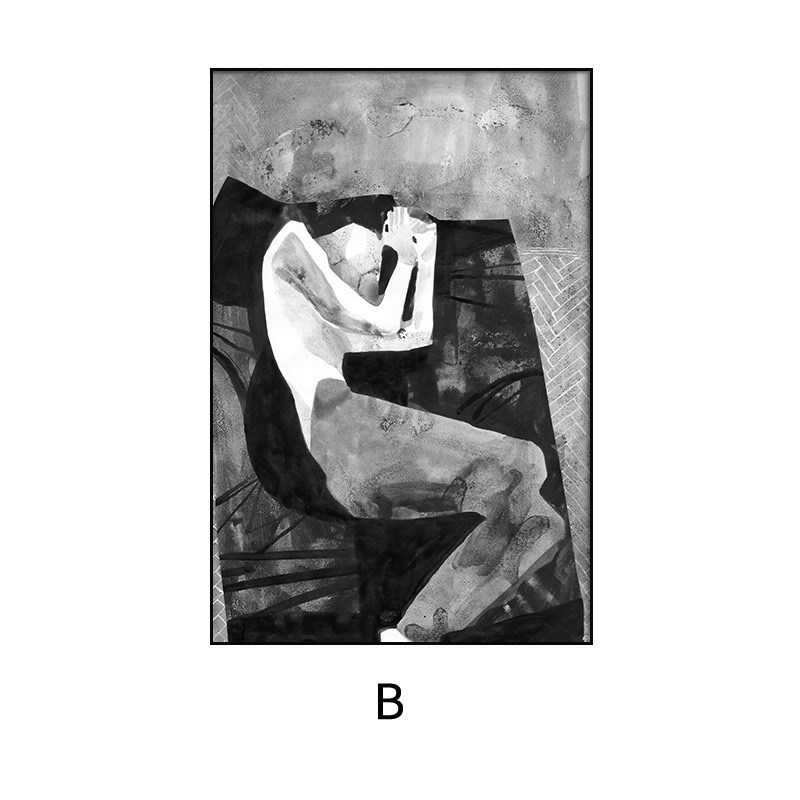 后现代玄c关装饰画抽象人物黑白灰立柜画别墅样板间客厅背景墙挂图片