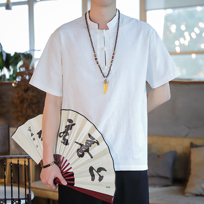 中式夏季薄款提花休闲唐装T恤中国风男装盘扣茶服短袖复古风t恤