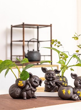 摆台小物件绿萝i水培花盆家居桌面装饰福猪摆件水养植物插花器