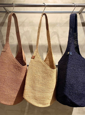 日本Helen天然拉菲草手工草编单肩水桶包 大容量牛皮托特包可斜挎