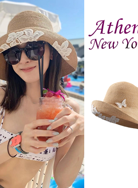 Athena new york蝴蝶可折叠防晒渔夫帽日系优雅蕾丝花朵度假草帽