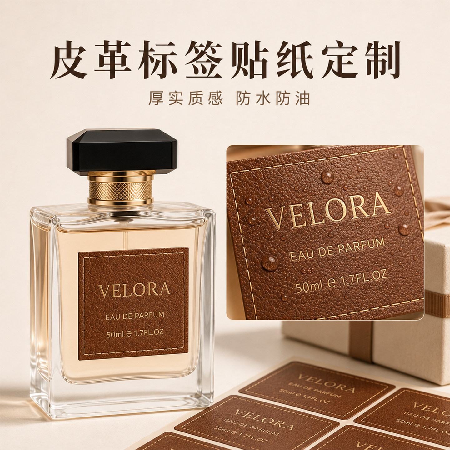 高档皮革烫金贴纸定制香薰香水礼盒二维码logo不干胶标贴打印定做 - 实物图
