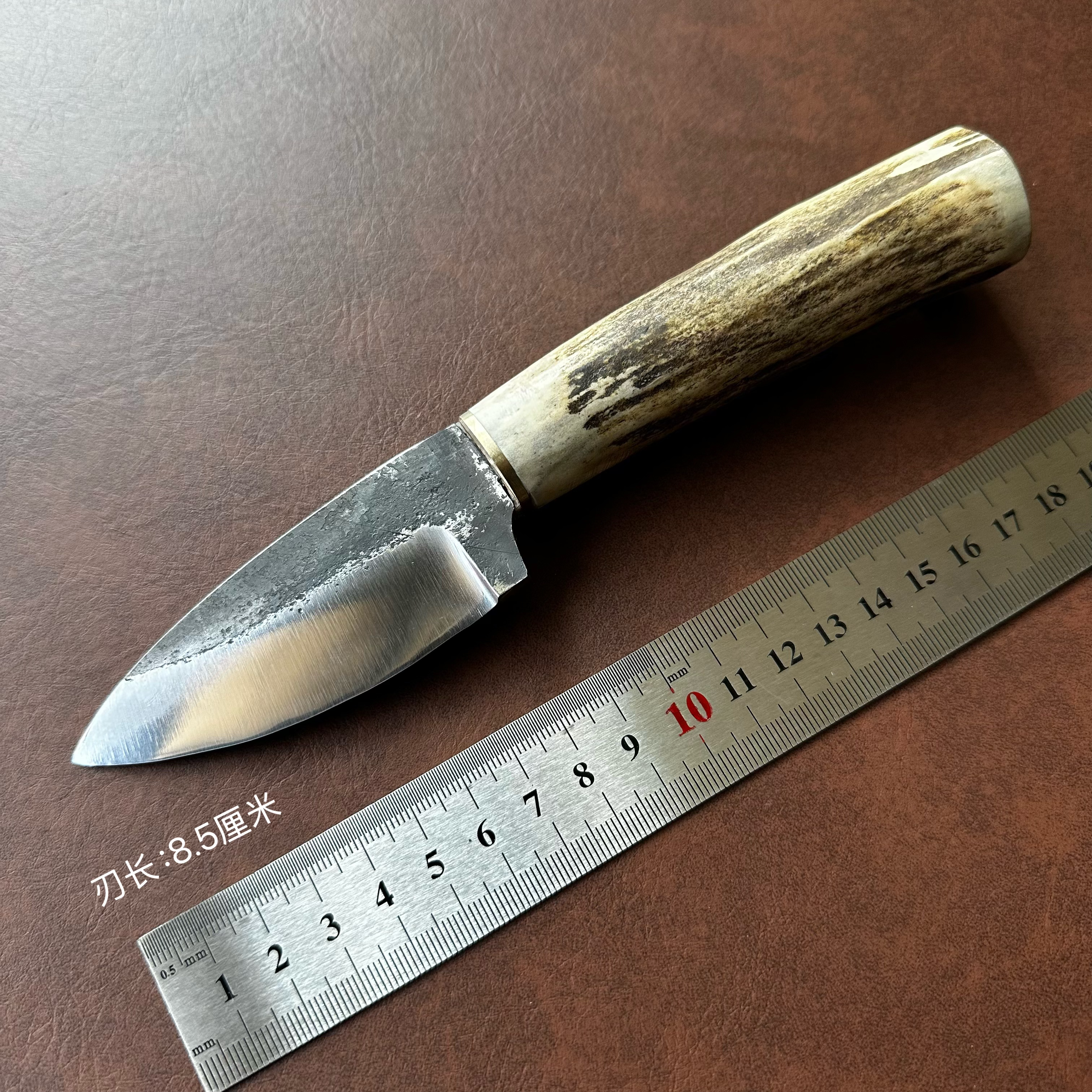 高碳钢手工锻打小刀天然鹿角柄复古猎刀户外生存随身刀 工艺收藏