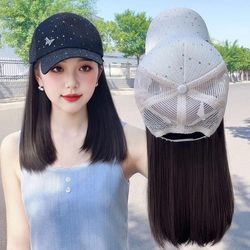 夏日镂空网蝴蝶亮片鸭舌帽子假发一体女遮阳防晒气质锁骨发假发帽