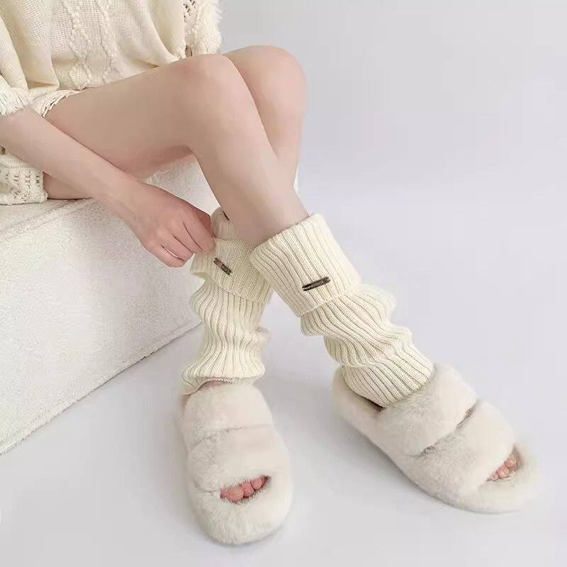 秋冬宽松腿套日系少女百搭堆堆袜金属标袜套保暖针织鞋套