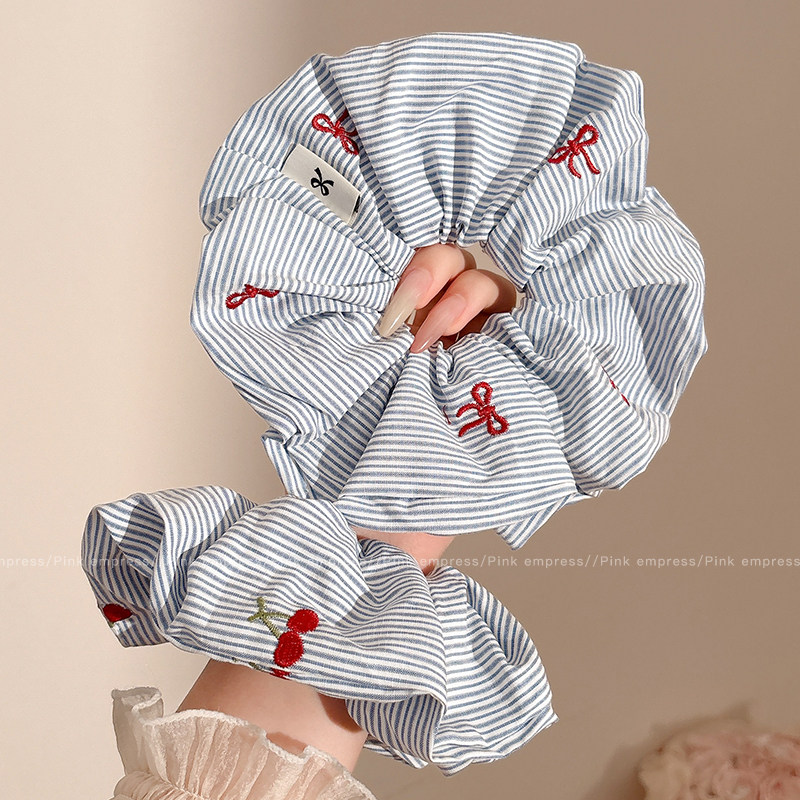 法式刺绣樱桃蓝条纹大肠发圈女扎头发发绳少女头花高级感皮筋头绳