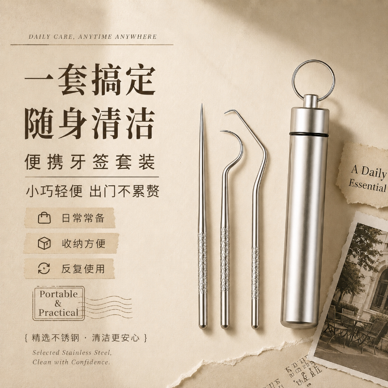 超强不锈钢牙签三件便携塞牙神器