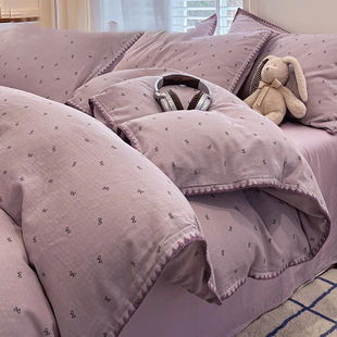 全棉双层纱床上四件套纯棉2025新款被套床单人床笠三件套