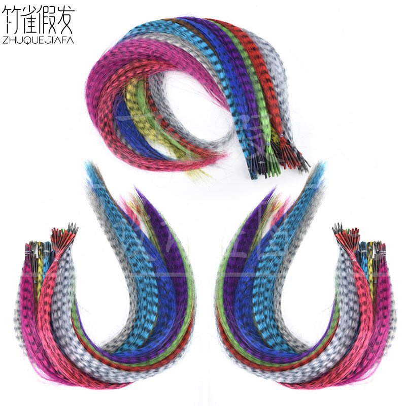 假发豹纹羽毛接发棒棒发接发片彩色挂耳染发片欧美专用挑染发束片