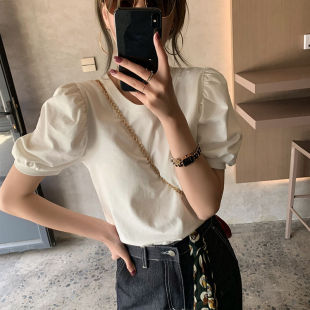 处理短款短袖t恤女夏橙色橘色泡泡袖灯笼袖法式独特洋气漂亮上衣