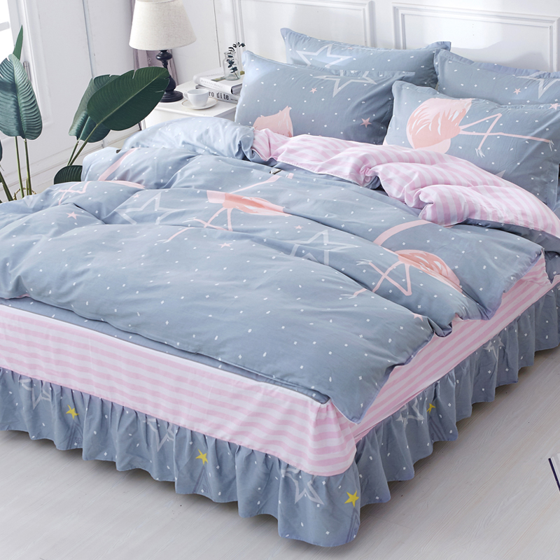 纯棉100%四件套床裙式全棉床上床罩款带1.J8m米被套荷叶边5公主风