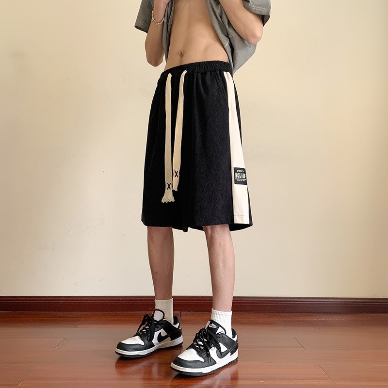 2024新款夏季港m风式侧边条纹短裤字母织唛贴标五分裤绳系带休闲