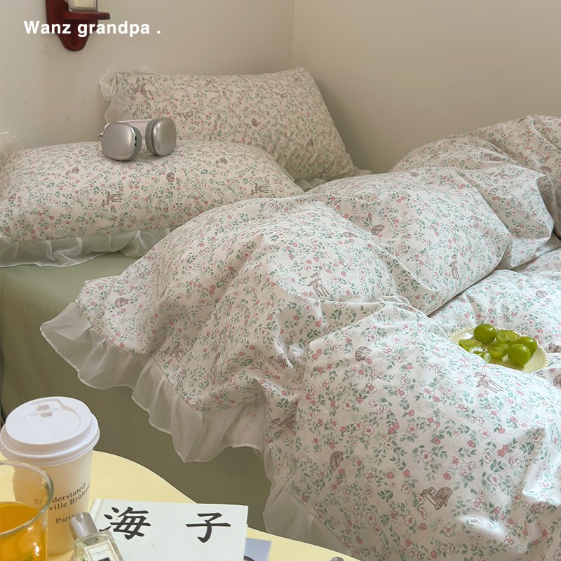 法式小碎花纯f棉四件套仙美雪纺花边全棉被套三件套1.5m1.8米床单