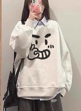 纯棉卡通b圆领卫衣女春秋冬季新款宽松小个子初中高中学生早秋上