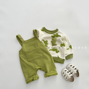 婴儿衣服春秋季背带裤哈衣+卡通套头休闲卫衣两件套宝宝衣服套装