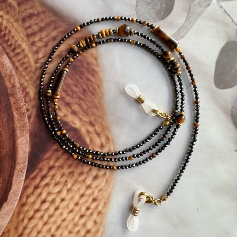 美拉德天然虎眼黑k锆石眼镜链口罩耳机挂脖绳项毛衣链复古轻奢139